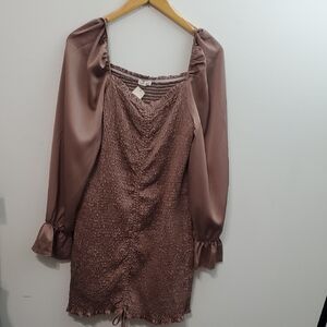 Blush Satin Long Sleeve Dress in Mauve